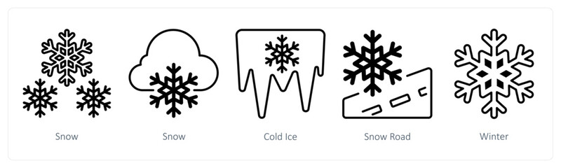 A set of 5 mix icons as snow, cold ice, snow road