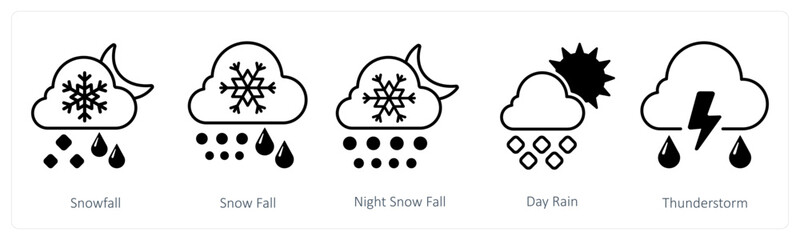 A set of 5 mix icons as snowfall, night snowfall, day rain