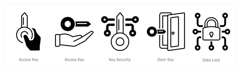 A set of 5 mix icons as access key, key security, door key