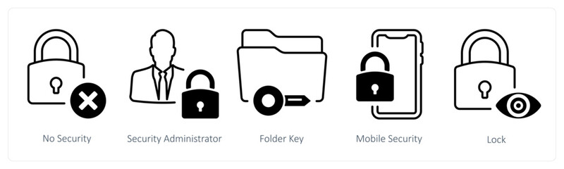 A set of 5 mix icons as no security, security administrator, folder key