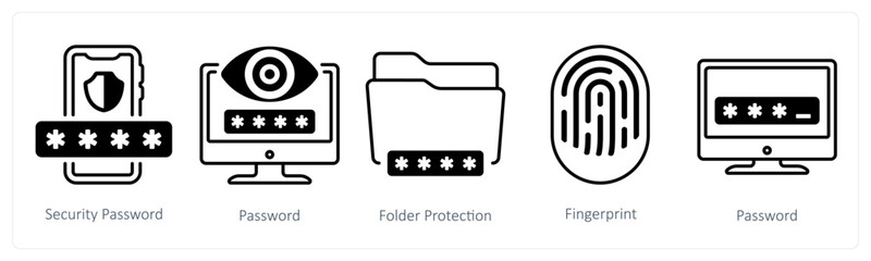 A set of 5 mix icons as security password, password, folder protection
