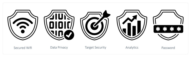Obraz premium A set of 5 mix icons as secured wifi, data privacy, target security