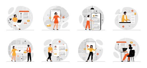 Bundle of Social Media Content Maker concepts with people scene in flat cartoon design. Collection work with men and women. People creates interesting content, gets emoji reaction. Vector illustration