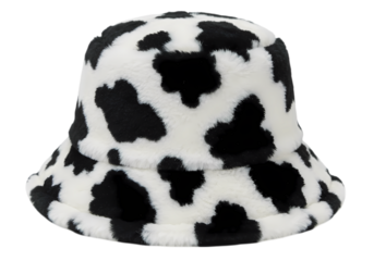 Cow Print Bucket Hat Fuzzy Winter Fashion isolated on transparent background