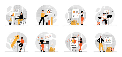 Bundle of Sales Performance concepts with people scene in flat cartoon design. Collection work with men and women. Business people analysis graphs, increase business profits and commercial success. 