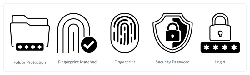 A set of 5 mix icons as folder protection fingerprint matched, fingerprint