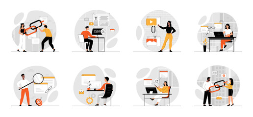 Bundle of Link Building concepts with people scene in flat cartoon design. Collection work with men and women. People work with embedding referral link URL, page rank algorithm. Vector illustration