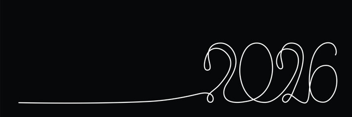 2026 sign - decoration continuous line hand drawing sign for year calendar. Vector stock illustration minimalism design isolated on black chalkboard background. Editable stroke single line. 