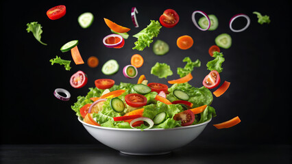 High fibre diet concept ,Fresh colorful salad with flying vegetables white bowl black background, vibrant and healthy meal