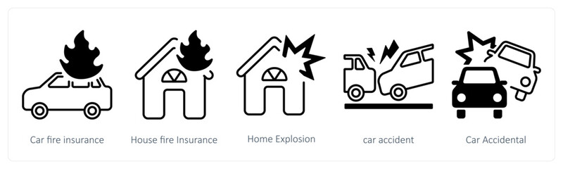 A set of 5 mix icons as car fire insurance, house fire insurance, home explosion
