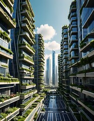 Sustainable Futuristic City with Vertical Gardens and Green Architecture