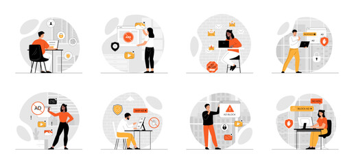 Bundle of Ad Blocking concepts with people scene in flat cartoon design. Collection work with men and women. People use anti spam protection, Adblock software. Vector illustration