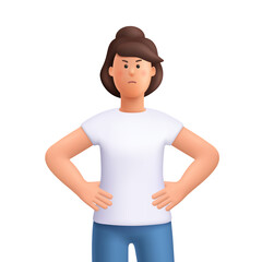 Serious woman Jane standing with her hands on her hips and an angry or frustrated facial expression. Displeased, conveying, confrontation. 3d vector people character. Cartoon minimal style.