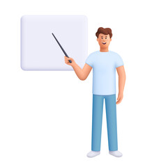 Young smiling man James standing next to a blank whiteboard and holding a pointer stick. Education, presentation, teaching concept. 3d vector people character. Cartoon minimal style.