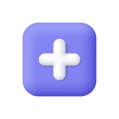 White plus or medical cross on purple square button. 3d vector icon. Cartoon minimal style.