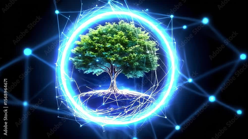Poster a glowing digital tree depicted within a circular design, symbolizing nature and technology intercon