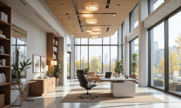 AI-enhanced executive office with minimalist furniture, ergonomic chair, and smart assistant technology. The executive office is designed with sleek, minimalist furniture, an ergonomic