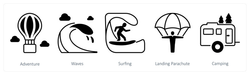 A set of 5 mix icons as hot air balloon, waves, surfing