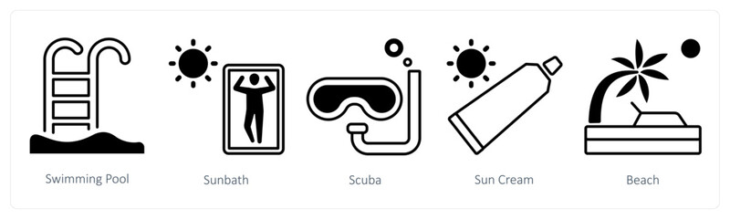 A set of 5 mix icons as swimming pool, sunbath, scuba