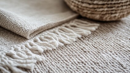 Beige textiles, woven rugs, and baskets, close-up
