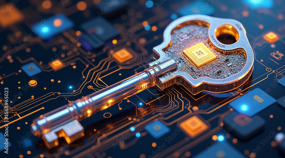 Aufkleber key chip technology concept ,digital key on circuit board with glowing chip symbolizing cybersecurit