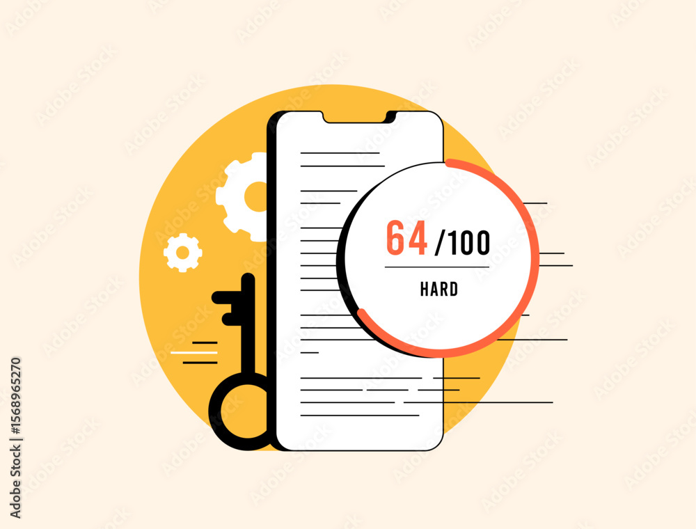 Poster keyword difficulty score analysis with hard rating, seo score indicator, content optimization level.