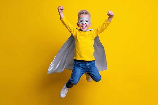 Excited boy superhero studio yellow background, Child in silver cape flying, Perfect for childhood fun and imagination