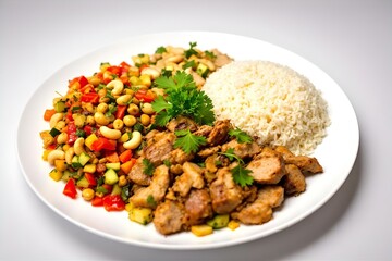 Delicious Plate: Rice, Chickpea Salad, and Grilled Pork with Fresh Herbs - Healthy Meal Idea