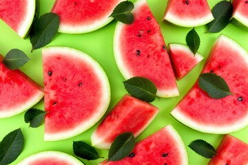 Fresh Watermelon Slices on Green Background: Summer Fruit, Healthy Food, Refreshing, Juicy, Red, Sweet, Delicious, Top View, Flat Lay