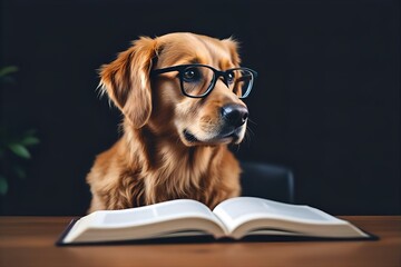 Golden Retriever Dog Wearing Glasses Reading Book | Smart Canine Academic Study | Funny Pet Portrait Stock Image