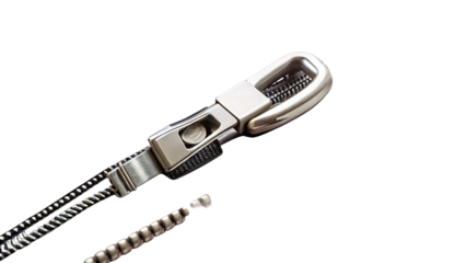 A silver metal keychain with a black cord, isolated on transparent background