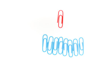 A Single Red Paper Clip Standing Out from a Group of Blue Ones on White Backdrop