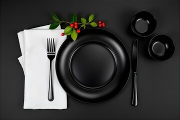 Elegant Black Plate Setting: Formal Dining Table with White Napkin, Silverware, and Berry Accent - Stock Photo