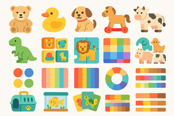 Fototapeta premium Colorful cartoon animals and toys collection with rainbow patterns