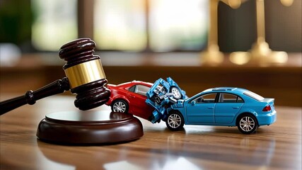 A gavel beside miniature toy cars, one red and one blue, suggesting a theme of legal issues related to car accidents.