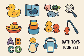 Colorful bath toys icon set featuring animals and objects for kids