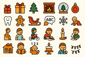 Fototapeta premium Festive holiday icons featuring winter, christmas, and childhood activities