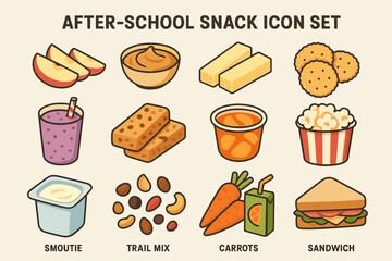Colorful after-school snack icon set with fruits and treats