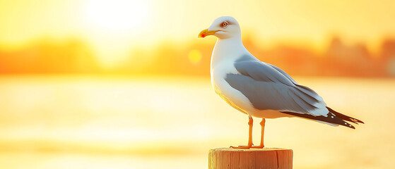 seagull on a wooden post near the ocean background for summer