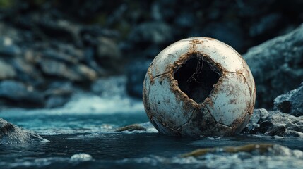 Obraz premium Worn soccer ball by a stream