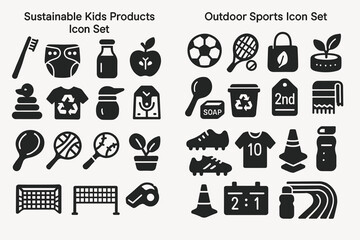 Sustainable kids products and outdoor sports icon set