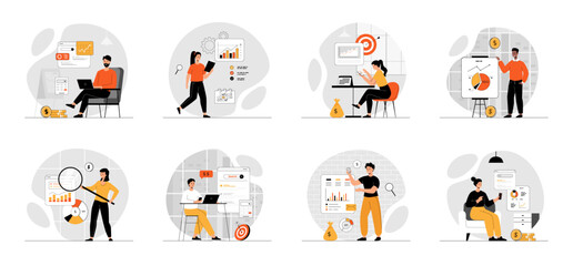 Bundle of SEO Budget Planning concepts with people scene in flat cartoon design. Collection work with men and women. Business people develop an effective  SEO budget plan. Vector illustration