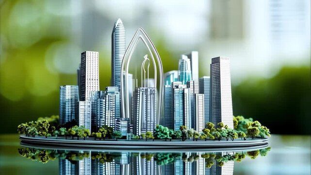 A detailed miniature city model featuring tall skyscrapers, greenery, and an iconic logo or symbol integrated into the design.
