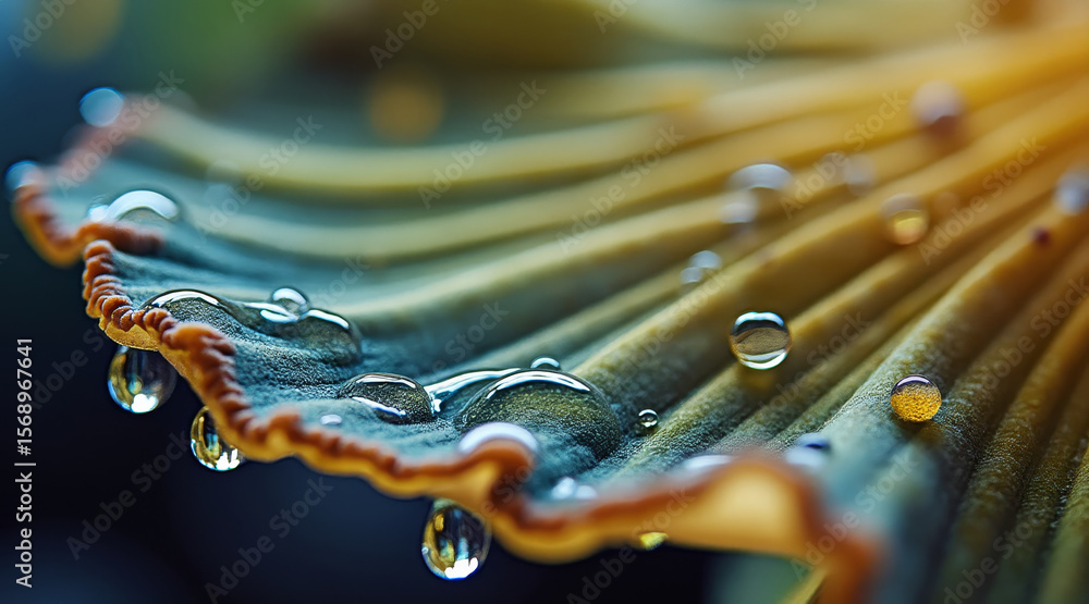 Poster psilocybin concept ,drops of psilocybin extract forming gill edge of mushroom with water droplets re