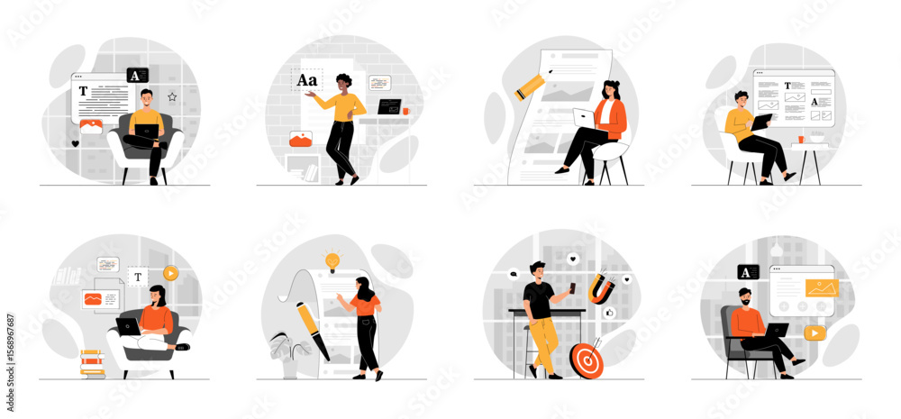 Poster bundle of copywriting concepts with people scene in flat cartoon design. collection work with men an