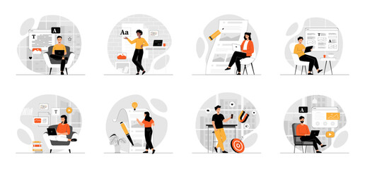 Bundle of Copywriting concepts with people scene in flat cartoon design. Collection work with men and women. People creating interesting content for websites and social networks. Vector illustration