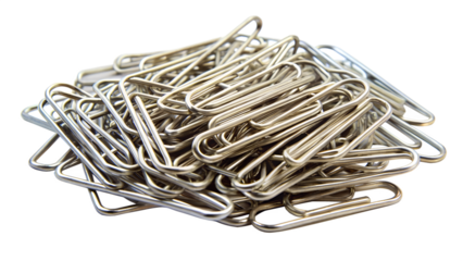 A large pile of silver metal paperclips, isolated on transparent background, are clustered together, showcasing their metallic texture and simple design