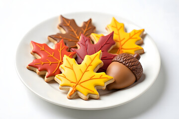 Autumn cookies in the form of colorful maple leaves and one acorn. On a white plate, on a pure white background.