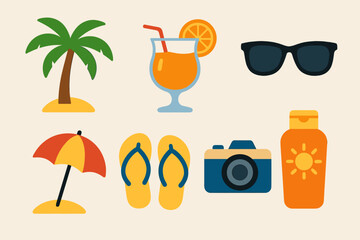 Summer vacation essentials: palm tree, cocktail, sunglasses, beach umbrella, flip-flops, camera, sunscreen