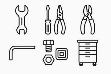 Obraz premium Set of outline tools: wrench, screwdriver, pliers, hex key, bolt, and drawer cabinet
